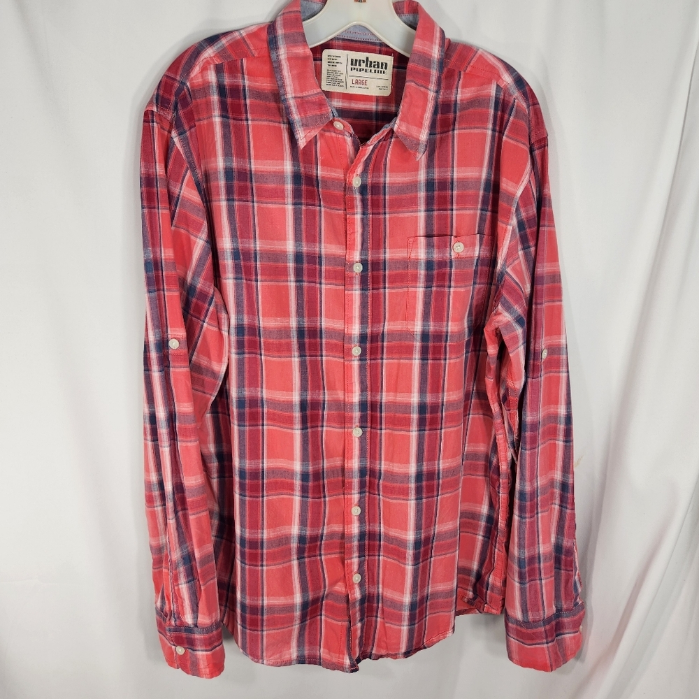 Urban Pipeline Pink Plaid Button Down Tab Sleeve Shirt Size Large